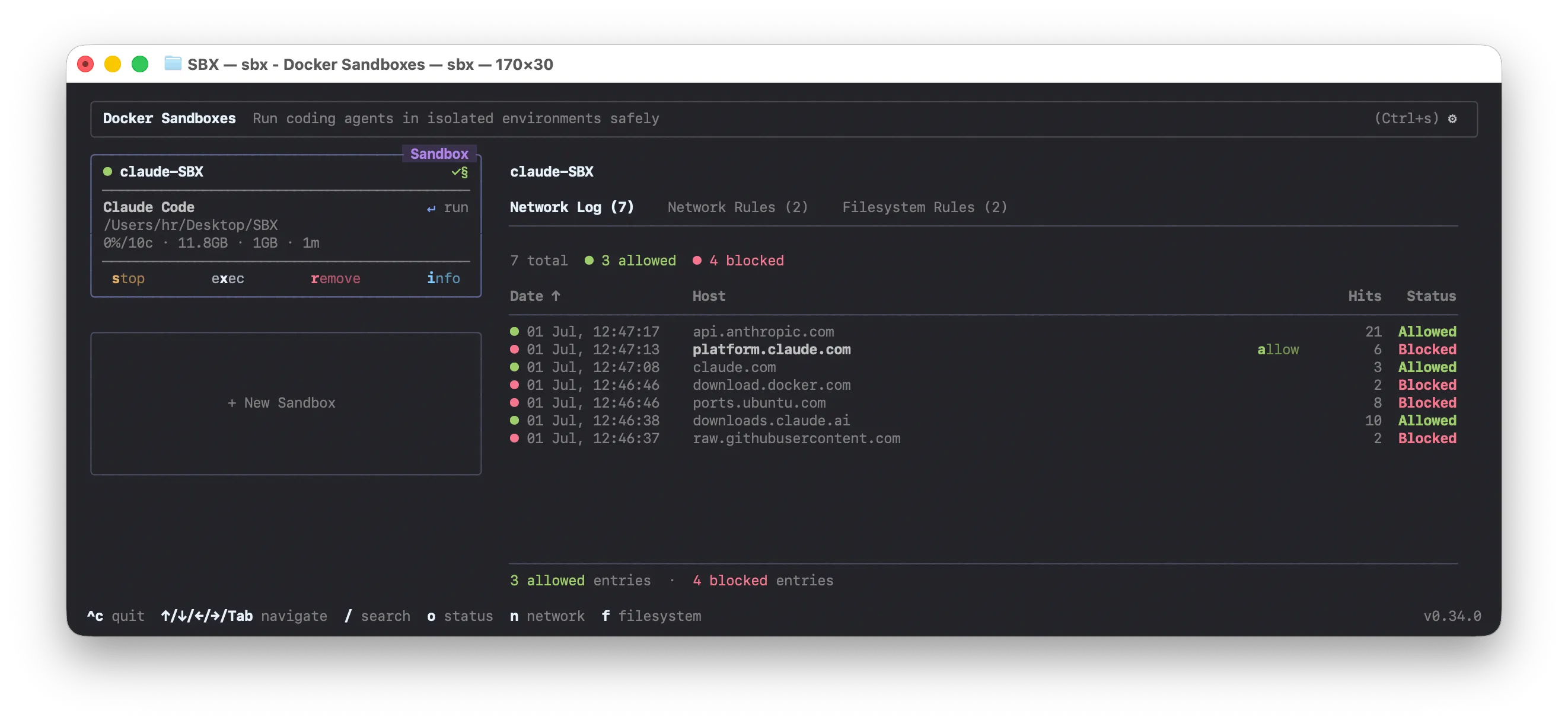 Login blocked in the sbx TUI, showing Anthropic and Docker endpoints denied