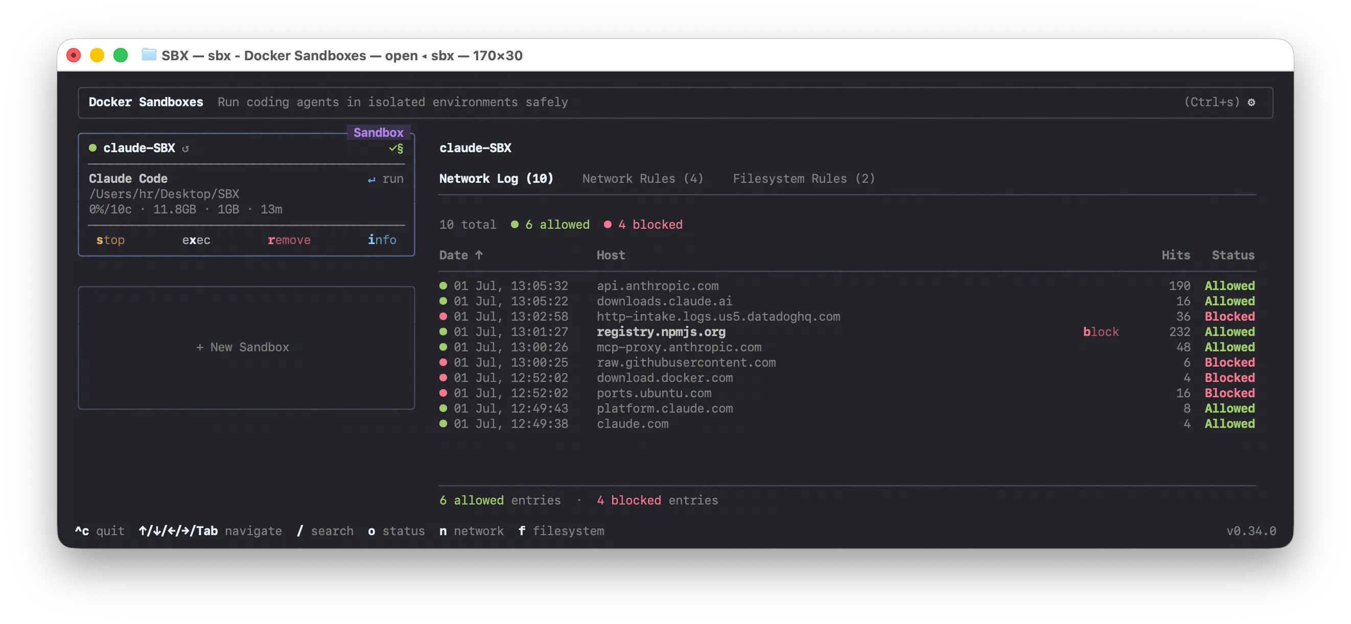 registry.npmjs.org allowed with 232 hits while Datadog telemetry stays blocked