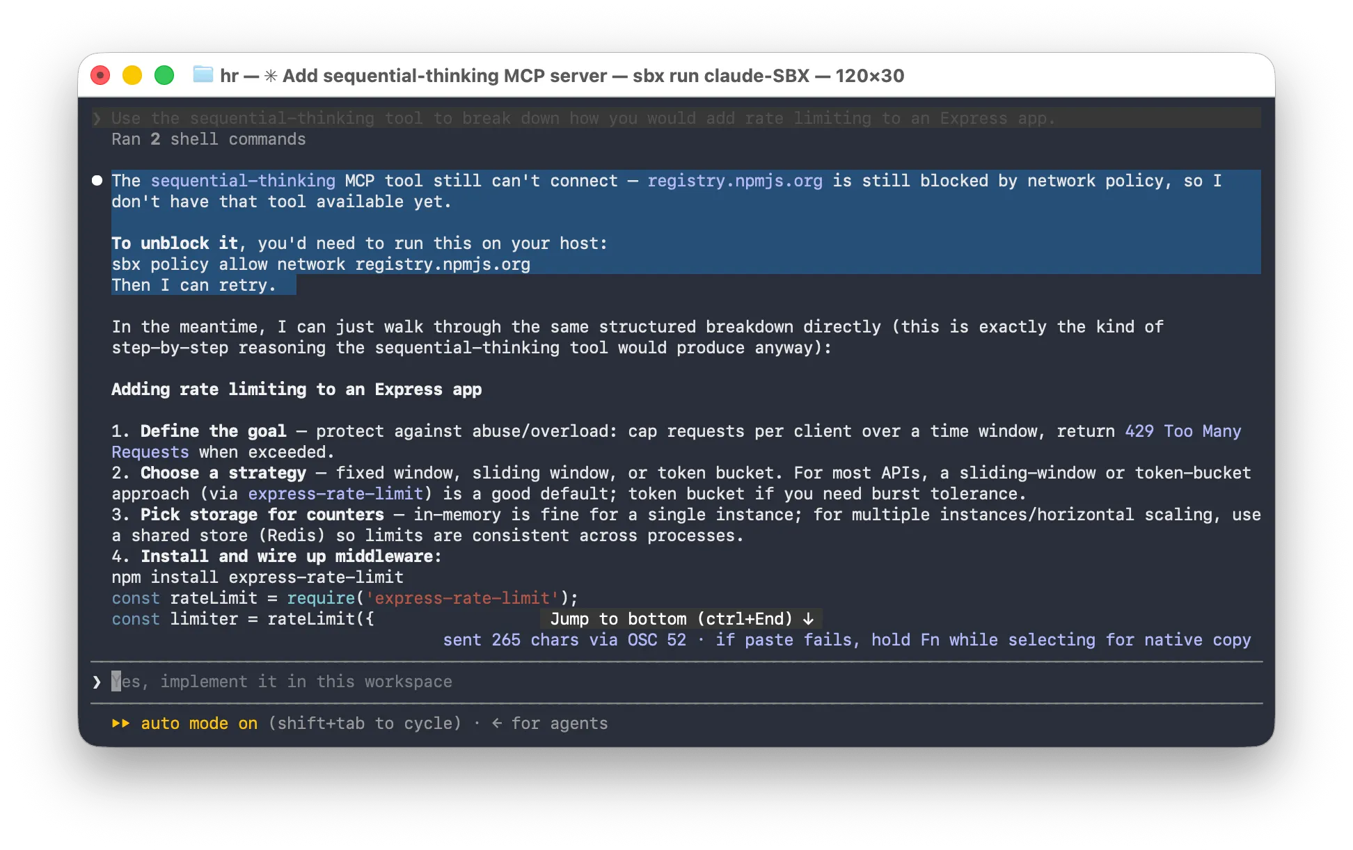 Claude Code reports that registry.npmjs.org is blocked by network policy